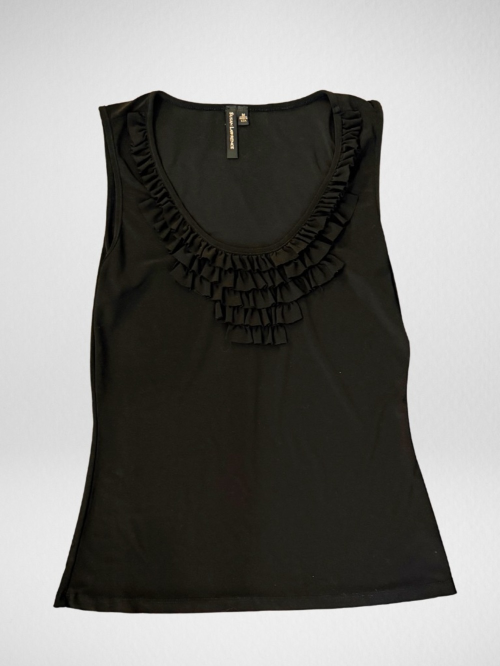 Black Ruffled Neck Sleeveless Top - Size Medium